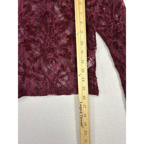 Romantic Goth Forever 21 Small Burgundy Sheer Flocked Floral Lace Mock Neck Top - Picture 6 of 8